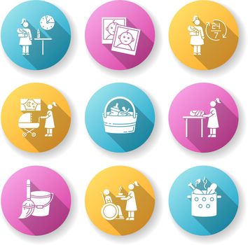 Babysitter service flat design long shadow glyph icons set. Part time job. Around clock babysitting. Photo report of kid. Night time nanny. Household duty. Silhouette RGB color illustration
