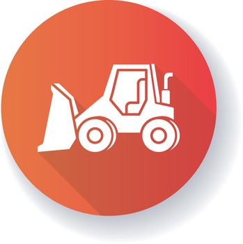 Bulldozer red flat design long shadow glyph icon. Road works industrial truck. Dozer for ground loading. Excavator for construction. Agricultural transport. Silhouette RGB color illustration