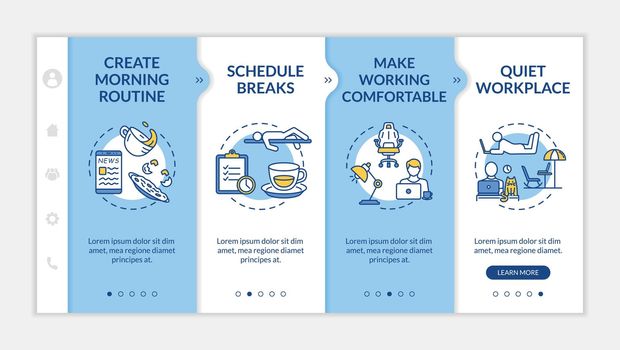 Work at home rules onboarding vector template. Morning routine, breaks, comfortable and quiet workplace. Responsive mobile website with icons. Webpage walkthrough step screens. RGB color concept