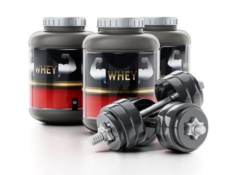 Whey protein powders and dumbells isolated on white background. 3D illustration
