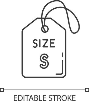 Small size label pixel perfect linear icon. Thin line customizable illustration. Garments parameters description contour symbol. Tag with S letter. Vector isolated outline drawing. Editable stroke