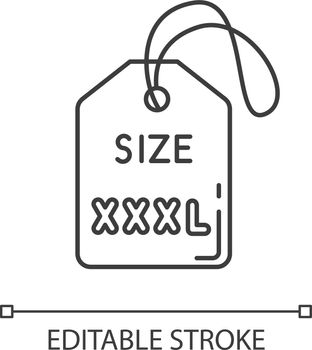 XXXL size label pixel perfect linear icon. Thin line customizable illustration. Clothing parameters description contour symbol. Info tag for apparel. Vector isolated outline drawing. Editable stroke