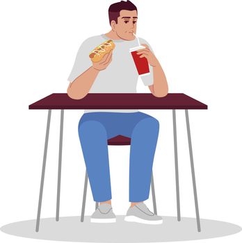 Adult man eating junk food semi flat RGB color vector illustration. Unhealthy food consumption. Caucasian guy enjoying delicious hot dog with cola isolated cartoon character on white background