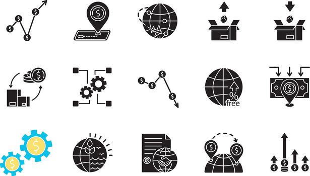 Global trade black glyph icons set on white space. World economics, investment and income. Export and import, business assets and natural resources. Silhouette symbols. Vector isolated illustration