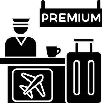 Premium airplane reservation flat design long shadow glyph icon. Luxury lounge area for comfortable waiting. Airline services helpdesk. Silhouette symbol on white space. Vector isolated illustration