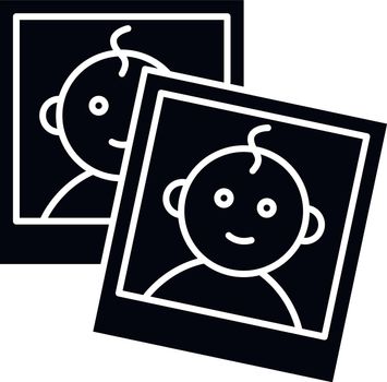 Baby photo report for parents black glyph icon. Instant photos of child. Little kid smiling on images. Pictures with border of newborn. Silhouette symbol on white space. Vector isolated illustration