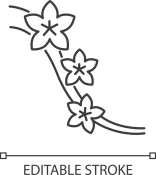 Sakura pixel perfect linear icon. Blossom on tree branch. Japanese hanami. Flourish on twig. Thin line customizable illustration. Contour symbol. Vector isolated outline drawing. Editable stroke