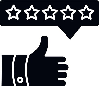 Product review black glyph icon. Thumbs up. Five star film. Excellent quality. Customer satisfaction rate. Assessment and evaluation. Silhouette symbol on white space. Vector isolated illustration