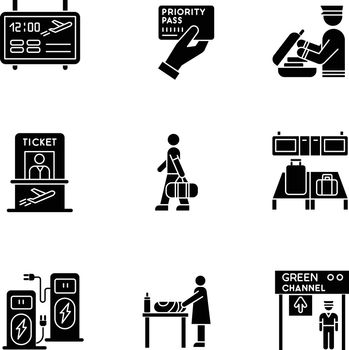 Airport terminal black glyph icons set on white space. Flight information panel. Priority pass. Security check luggage. Ticket for airplane. Silhouette symbols. Vector isolated illustration