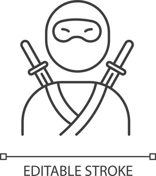 Ninja pixel perfect linear icon. Traditional japanese fighter. Asian assassin in mask and costume. Thin line customizable illustration. Contour symbol. Vector isolated outline drawing. Editable stroke