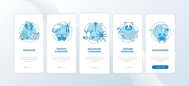 Grazing food chain onboarding mobile app page screen with concepts. Biological energy consumption process walkthrough 5 steps graphic instructions. UI vector template with RGB color illustrations