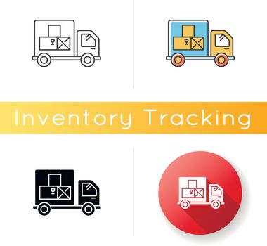 Goods receipt icon. Logistics, distribution, merchandise delivery service. Cargo transportation and products supply. Linear, black and RGB color styles. Isolated vector illustrations
