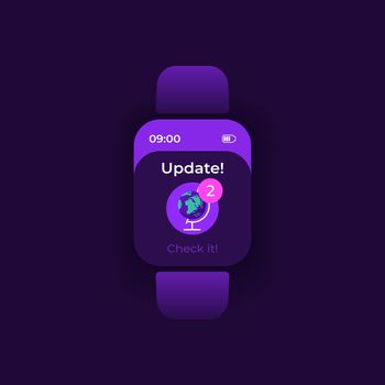 Updates notice smartwatch interface vector template. Mobile app notification night mode design. New posts, messages reminder screen. Flat UI for application. Globe on smart watch display