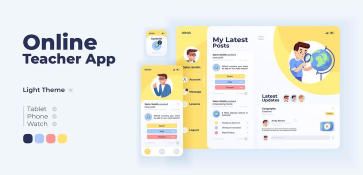 Online teacher app screen vector adaptive design template. Internet education, e learning application day mode interface with flat character. User profile smartphone, tablet, smart watch cartoon UI