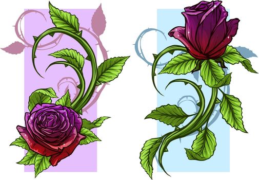 Graphic detailed cartoon roses with stem set