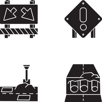 Road works black glyph icons set on white space. Traffic sign for cars to take detour. Attention roadsign. Patching paving. Pipe replacement. Silhouette symbols. Vector isolated illustration
