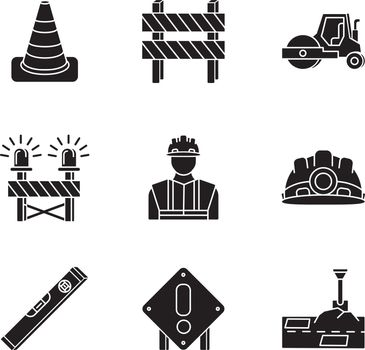 Road works black glyph icons set on white space. Traffic cone. Road barrier. Roller truck. Siren on path block. Builder and engineer equipment. Silhouette symbols. Vector isolated illustration