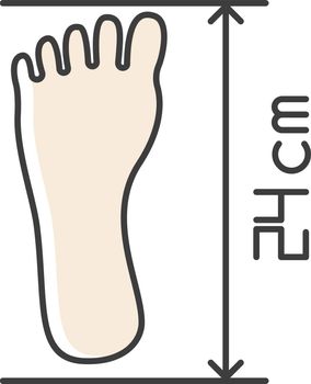 Foot length from toe to heel RGB color icon. Body part size specification, shoemaking. Measuring foot dimensions for bespoke shoes. Isolated vector illustration