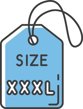 Blue XXXL size label RGB color icon. Clothing parameters description. Info tag for apparel. Extra large garments for plus size people. Isolated vector illustration
