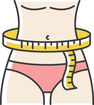 Waist circumference RGB color icon. Tailor measurements, slimming. Woman waistline width specification for bespoke female clothing. Isolated vector illustration