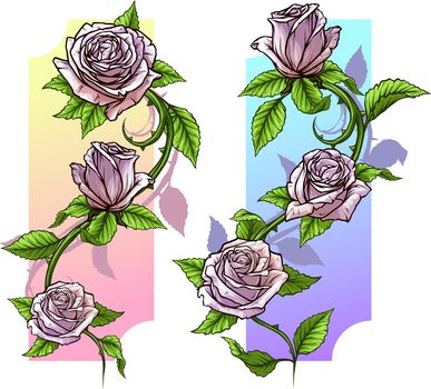 Graphic detailed cartoon roses with stem set