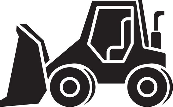 Bulldozer black glyph icon. Road works industrial truck. Dozer for ground loading. Excavator for construction. Agricultural transport. Silhouette symbol on white space. Vector isolated illustration