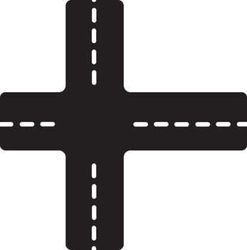 Crossroad black glyph icon. Intersection of roads. Crossing pavement ways. Junction of crosswalk. Urban infrastructure. Crossed motorway. Silhouette symbol on white space. Vector isolated illustration