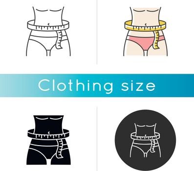 Waist circumference icon. Linear black and RGB color styles. Tailor measurements, slimming. Woman waistline width specification for bespoke female clothing. Isolated vector illustrations