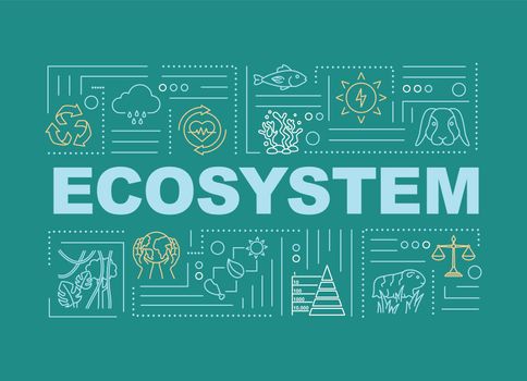 Ecosystem, biodiversity word concepts banner. Nature, living organisms community. Infographics with linear icons on green background. Isolated typography. Vector outline RGB color illustration