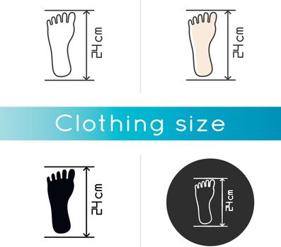 Foot length icon. Linear black and RGB color styles. Human body parameters measurement, shoemaking. Foot size from heel to toe specification for bespoke shoes. Isolated vector illustrations