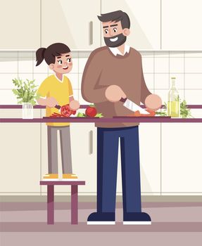 Father and daughter cutting vegetables together semi flat vector illustration. Daddy and female kid, family members making salad, people preparing dinner 2D cartoon characters for commercial use