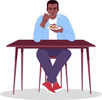 African american guy enjoying cake semi flat RGB color vector illustration. High calorie dessert consumption. Young man eating sweet confection isolated cartoon character on white background
