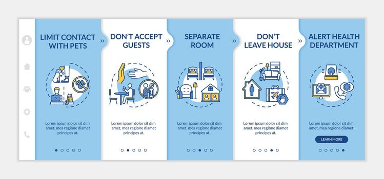 Self-isolation rules onboarding vector template. Contacts with pets limiting, leaving house prohibition. Responsive mobile website with icons. Webpage walkthrough step screens. RGB color concept