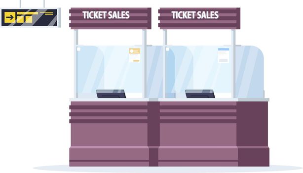 Ticket sales counter semi flat RGB color vector illustration. Empty table to purchase boarding passes. Airline services. Airport terminal desk isolated cartoon object on white background