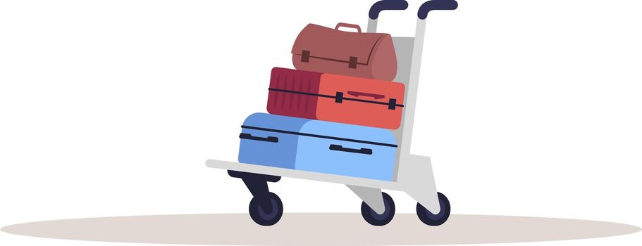 Baggage on cart semi flat RGB color vector illustration. Colorful luggage pile on trolley. Airport shipping services. Deliver suitcases. Handbags isolated cartoon object on white background