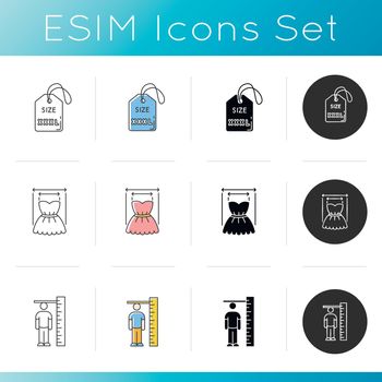 Body and product measurements icons set. Linear, black and RGB color styles. Person height and dress width specification for bespoke tailoring. XXXL size tag isolated vector illustrations