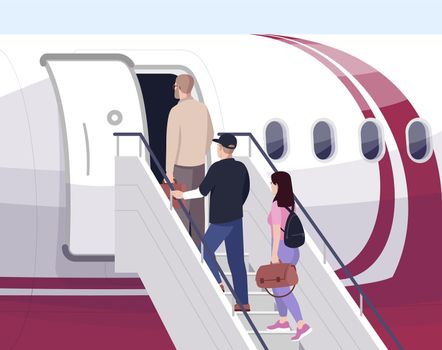 Boarding airplane semi flat vector illustration. People go on ladder to plane. International transit. Airline transportation. Aeroplane passengers 2D cartoon characters for commercial use