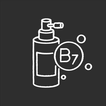 B7 biotin in liquid form chalk white icon on black background. Mist and spray product for haircare. Chemical cosmetic formula for hair treatment. Isolated vector chalkboard illustration