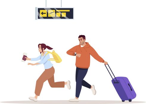 Rush to flight semi flat RGB color vector illustration. Man and woman late for boarding. Couple rush to aeroplane gate. Airplane passengers isolated cartoon characters on white background