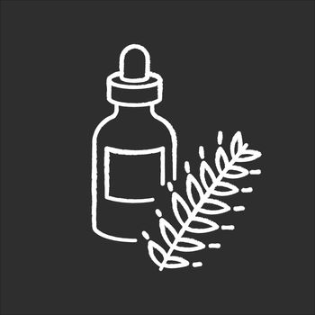 Hydrolyzed wheat protein chalk white icon on black background. Herbal extract in container with droplet. Natural cosmetic product for hair treatment. Isolated vector chalkboard illustration