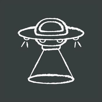 Science fiction chalk white icon on black background. Sci fi movies, popular futuristic fantasy films. Cinema category, space opera. Flying saucer, UFO isolated vector chalkboard illustration