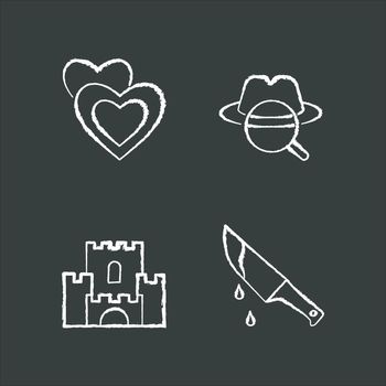 Popular movie types chalk white icons set on black background. Romantic films, detective mystery, fantasy and thriller. Different cinematography genres. Isolated vector chalkboard illustrations