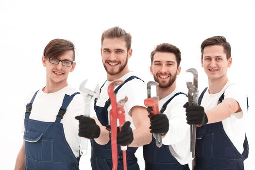 group of construction workers with working tools