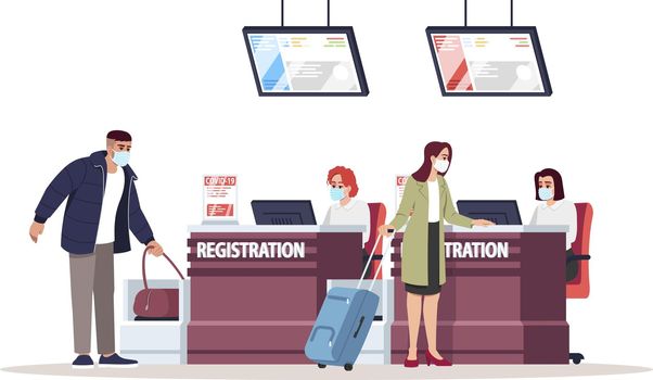 Airport registration desk semi flat RGB color vector illustration. Tourists in medical masks before flight. Security control for baggage. Travelers isolated cartoon character on white background