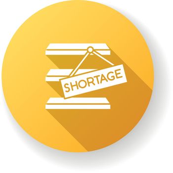 Stock shortage yellow flat design long shadow glyph icon. Merchandise lack, goods limited quantity, empty storehouse. Commerce, retail, consumerism. Silhouette RGB color illustration