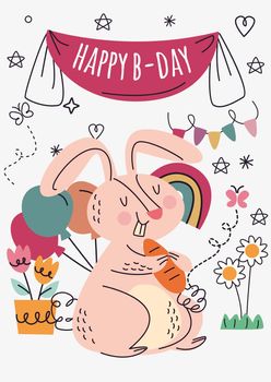 Greeting card with cute hand drawn animal. Birthday card with fun animal. vector illustration