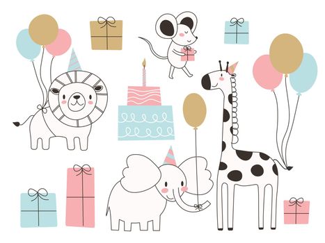 Set of cute cartoon animals for birthday card design