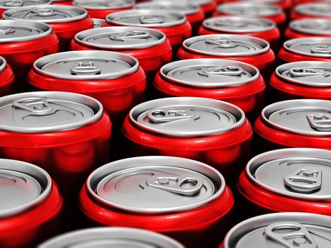 Red cans of soft non alcoholic drinks background. 3D illustration