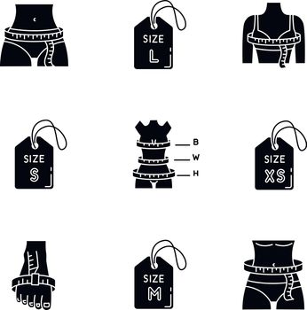 Female clothing sizes black glyph icons set on white space. Various women body parameters measurement for custom made apparel, bespoke tailoring silhouette symbols. Vector isolated illustration