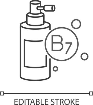 B7 biotin in liquid form pixel perfect linear icon. Mist and spray for haircare. Thin line customizable illustration. Contour symbol. Vector isolated outline drawing. Editable stroke